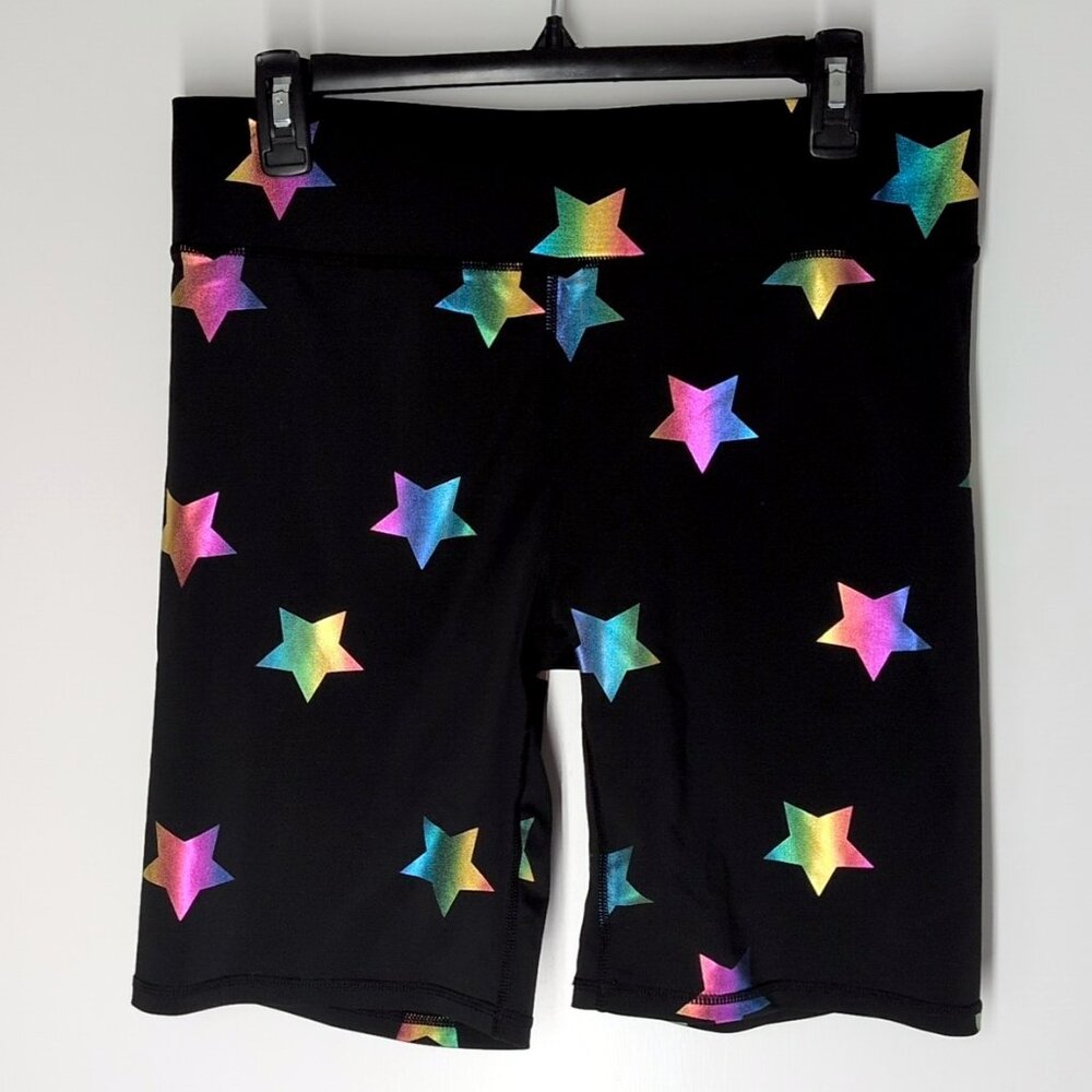 Terez Black Bike Shorts with Iridescent Rainbow Stars